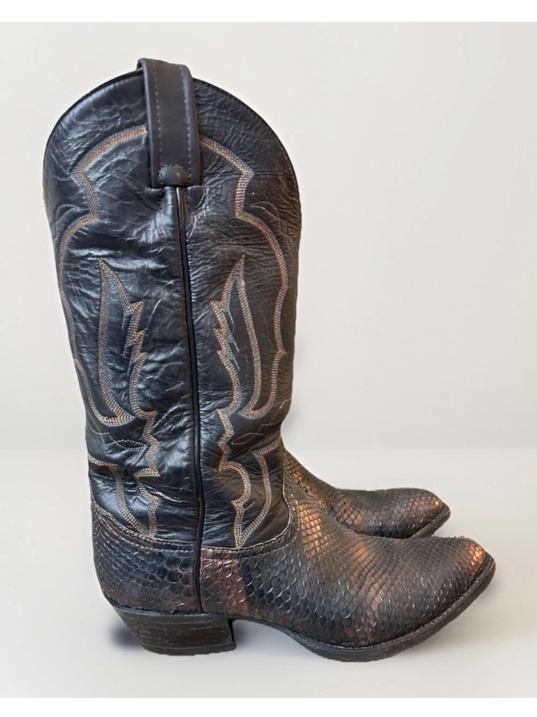 Vintage Tony Lama Python Snakeskin Cowboy Boots Men's 7.5 D Black Brown Western